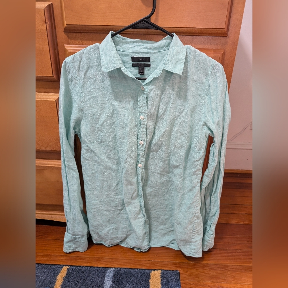 J.Crew Perfect Linen, Size 6, Green button up shirt